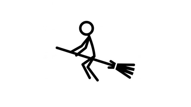 Animated Black and White Stick Figure Riding Flying Witch Broomstick Concept