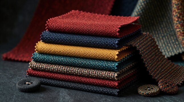 Stack of fabric swatches in pyramid formation shows various colors and textures. Samples arranged on dark surface with buttons near. Decorative textiles for home furnishing.
