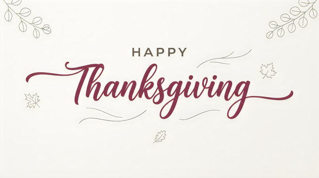 A beautiful and elegant handwritten calligraphy design for a happy thanksgiving greeting card featuring a clean white background and decorative autumn leaves for seasonal celebration