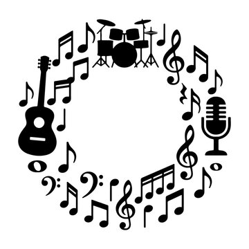 Circular Music Frame with Notes and Musical Instruments
