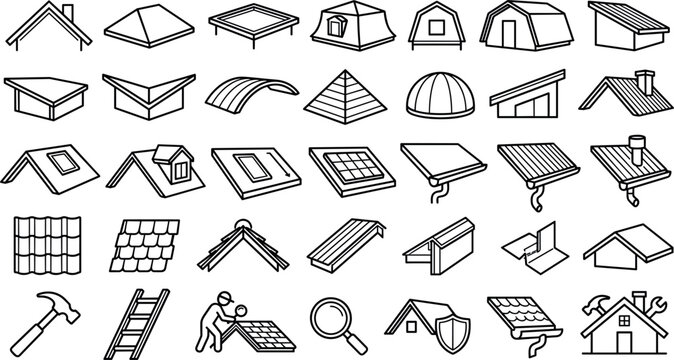  House roof construction and roofing outline icon set featuring tiles gutters chimneys shingles hammers ladders and maintenance vector elements