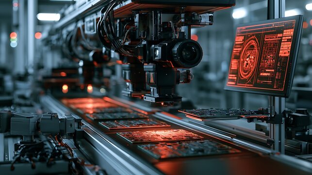 Quality Inspection intelligent machine vision inspection system above production line, high-resolution industrial cameras and structured light projectors scanning electronic circuit boards moving 