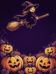 Fototapeta premium Cute witch flying on broomstick over pumpkin patch halloween poster