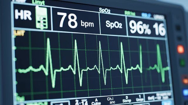 Heart monitor displays EKG rhythm transitioning from irregular to stable with steady beat during medical procedure