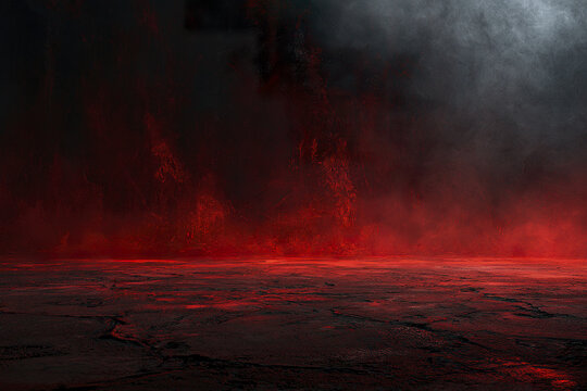 Dark cracked concrete floor with glowing red smoky background creating dramatic and intense atmosphere