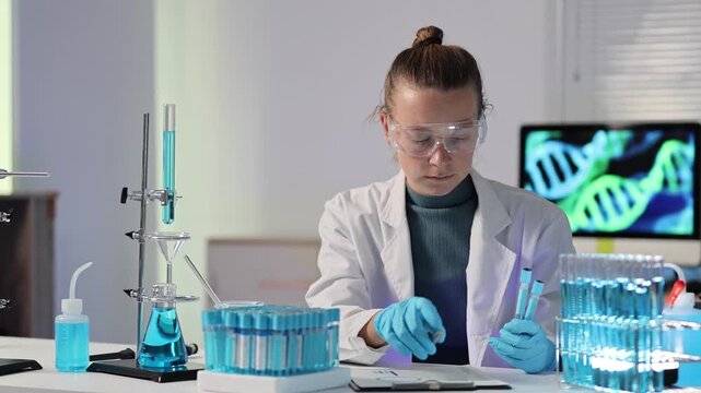 Female scientist working with test tubes, taking notes on a clipboard in a modern genetic research laboratory while developing a new dna vaccine or treatment for a virus