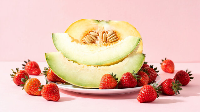 Fresh cantaloupe melon slices and ripe strawberries on a white plate, studio shot, concept for healthy dieting, summer fruit recipes and nutrition