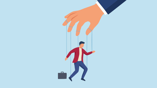 Giant hand manipulating a businessman like a puppet, symbol of control and power