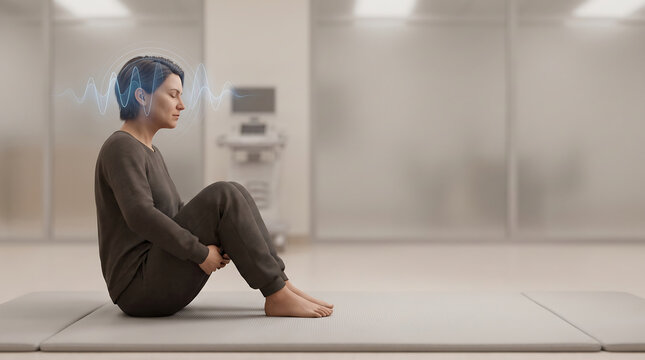 Woman in a modern healthcare environment, undergoing a neurological study for an epilepsy symptom, visualizing brainwave activity.