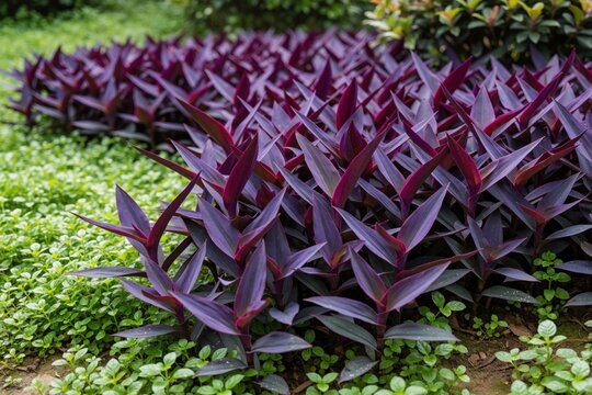Dense planting of Tradescantia spathacea with vibrant purple leaves. Small green plants carpet ground below. Rich foliage forms dense ground cover in garden.