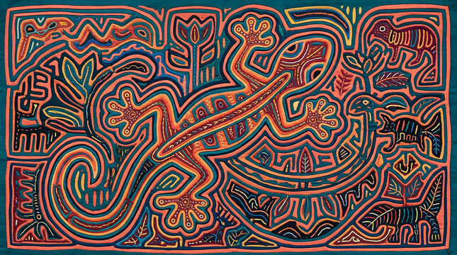 Mola gecko applique art, teal coral folk textile tile