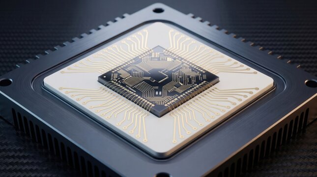 Advanced processor chip on circuit board for quantum computing concept