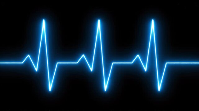 Luminous blue cardiogram pulse wave grows in intensity on black background with subtle camera zoom out