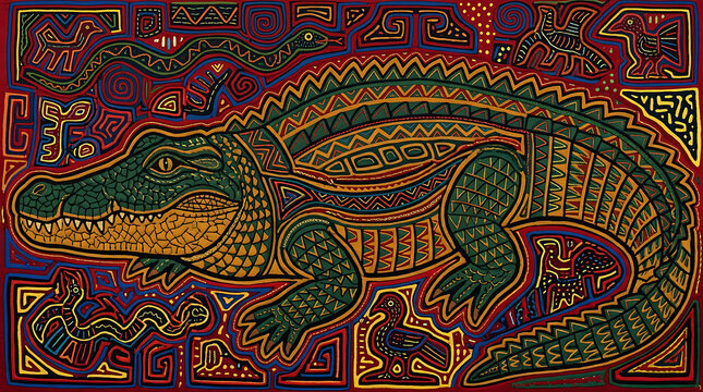 Guna mola crocodile, layered fabric bold folk art banner