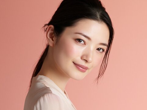 自然なメイクと明るい笑みが魅力的な女性の正面ポートレート