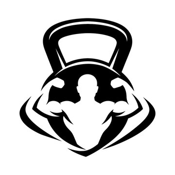 A black and white illustration of a kettlebell with a muscular man