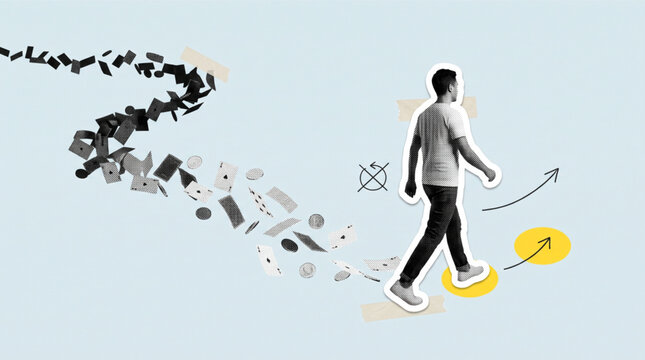 Conceptual photo collage of man walking forward leaving gambling and cards behind towards growth and success on blue background with tape and arrow elements for business career progression.