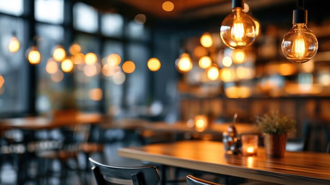 Warm, ambient lighting from hanging Edison bulbs illuminates a cozy, modern cafe interior with wooden tables and blurred background details.