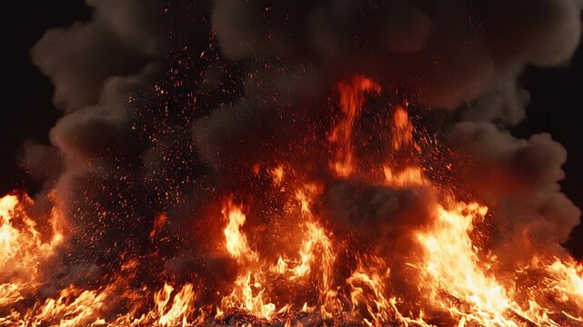 Massive explosion with fire and smoke rising against a dark background with cinematic motion