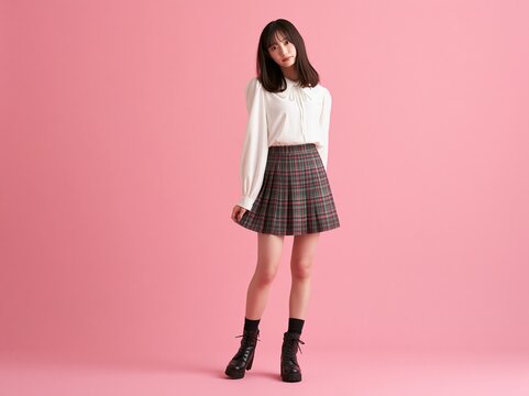 チェックのミニスカート姿で照れたように微笑みポーズをとるガーリーな女性