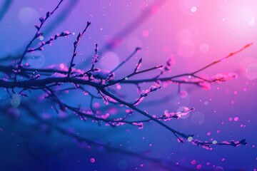 Obraz premium Illustration of a tree branch with snow purple backgrounds outdoors.