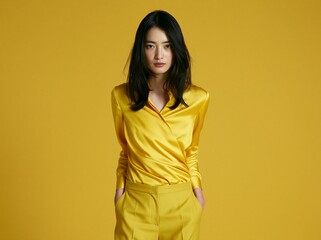 Obraz premium 黄金色のサテンシャツをまとい堂々と佇むモデルのポートレート