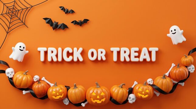 Festive trick or treat halloween background featuring decorative pumpkins ghosts bats and spooky spider web elements flat lay