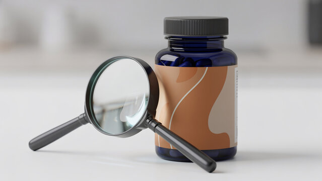 Magnifying glass examining a blue pill bottle with modern label on white background, suitable for medical research, pharmaceutical ads and healthcare projects