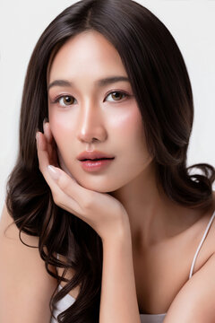 Beauty portrait of a young Asian woman with glowing, clear skin touching her face against a bright studio background, highlighting skincare and cosmetic beauty.