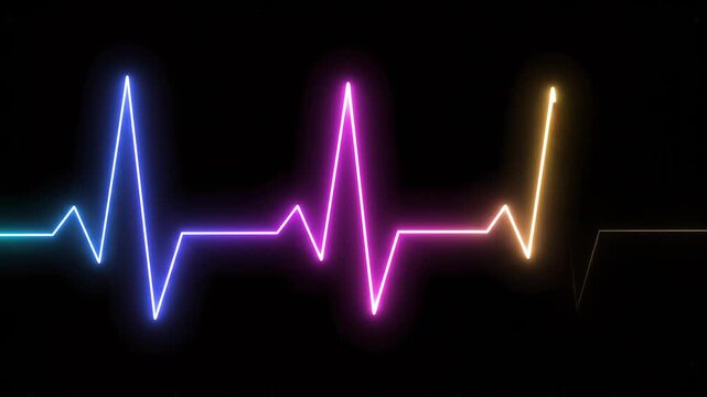 Neon heart rhythm pulses with vibrant gradient colors on a dark background pulsing medical waveform