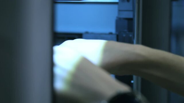 Hand inserts card into server rack. Blue light illuminates tech setup. Server room background out of focus