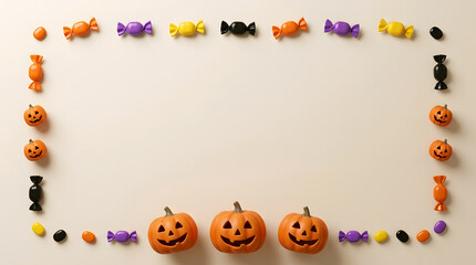 Fototapeta premium Halloween candy and pumpkin border on beige background, sweet treats frame, spooky holiday arrangement, orange sweets and chocolate, festive desktop composition with copy space