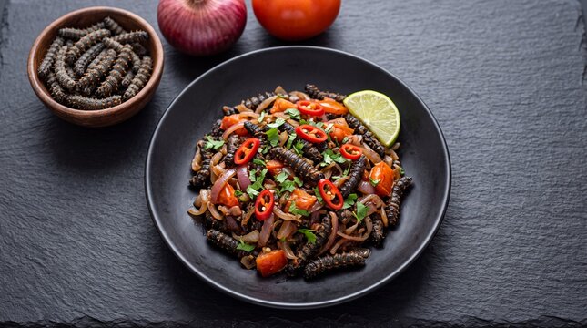 Ifinkubala, Zambian Mopane Worms Stir-Fried with Onion, Tomato, and Chili on Slate