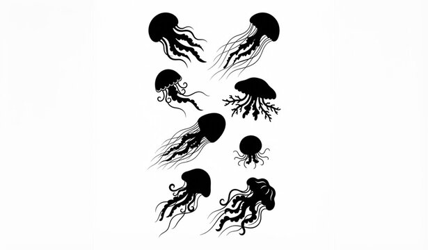 Black Jellyfish Silhouette Collection Marine Medusa Underwater Ocean Animals Vector Set