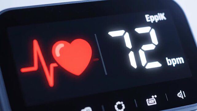 Pulsometer displaying 72 bpm heartbeat rhythm against dark background with cinematic motion
