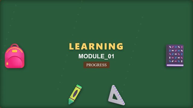 Learning module progress educational animation showing stationery items on a dark green board for school classroom digital video clip project