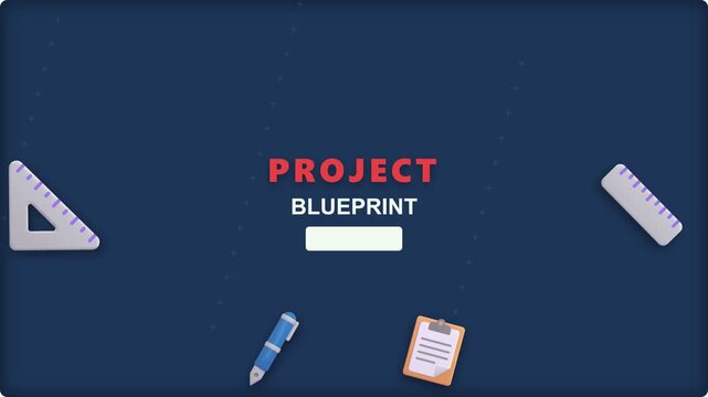 Project blueprint title animation featuring floating 3d engineering tools and office stationery items on a dark blue background motion graphic