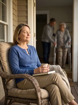 Family Caregiver Taking Respite Break on Porch