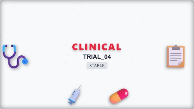Clinical trial status report animation showing medical equipment icons like stethoscope syringe and pill on a bright white background motion