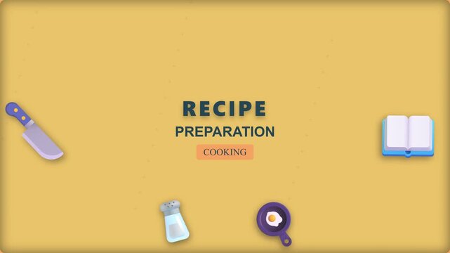Recipe preparation cooking motion animation background featuring flat kitchen tools like a knife cookbook salt shaker and fried egg imagery