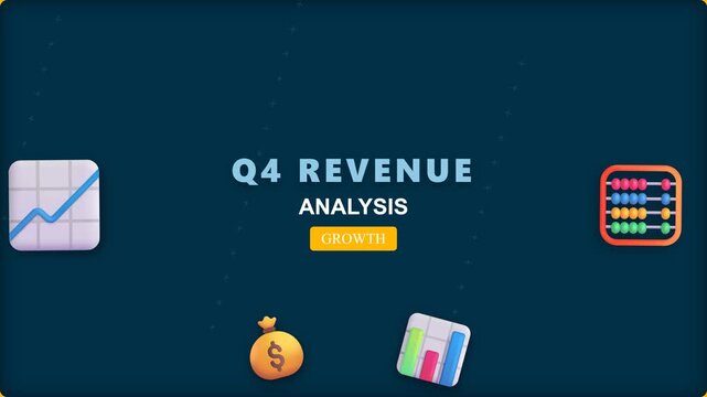 Quarterly revenue analysis digital animation featuring 3d business icons and financial growth charts for professional corporate investment planning presentation video