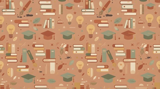 Seamless education pattern featuring retro style books, graduation caps, light bulbs, and pens on a warm brown background. Vintage academic wallpaper design.