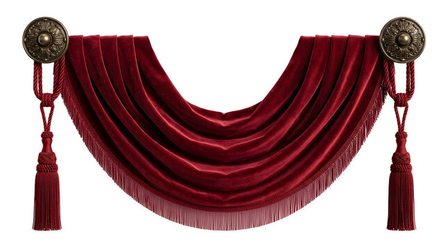 Elegant luxurious red velvet window swag valance with decorative fringes and tassels hanging from ornate bronze medallions, interior home decor element isolated on transparent background.
