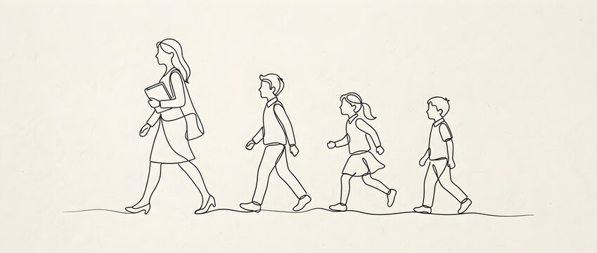 Minimalist continuous line art illustration of a female teacher walking and holding a book, followed by three primary school children in uniform, all walking in profile.