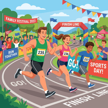 Energetic Family Sports Day Race Crossing The Finish Line Banner Crowd Cheering