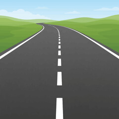 Obraz premium Empty Scenic Asphalt Road Leading Through Rolling Green Hills Under Blue Sky