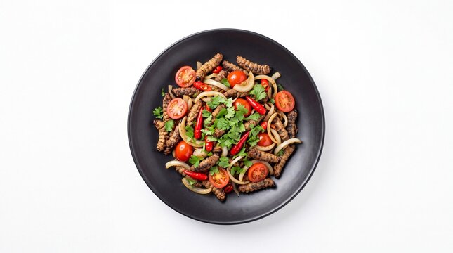 Ifinkubala, Zambian Mopane Worms with Tomato, Onion, and Chili Isolated on White Background
