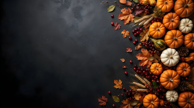 A festive thanksgiving background featuring an assortment of colorful pumpkins and autumn leaves arranged on a dark rustic wooden surface with empty copy space area