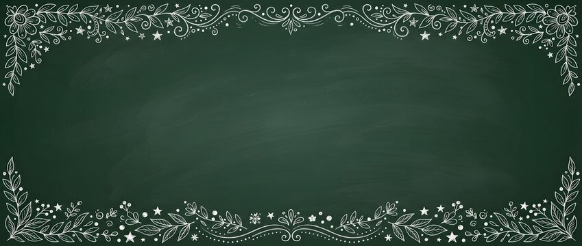 White chalk drawing of a horizontal decorative floral and leaf border frame with stars on a dark green chalkboard background texture with copy space.