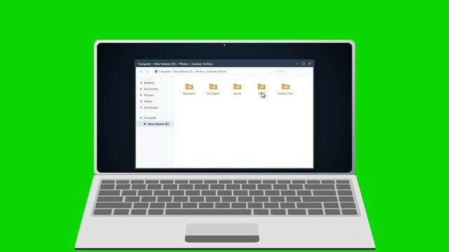 Laptop displaying image gallery thumbnails on green background. 4K Video